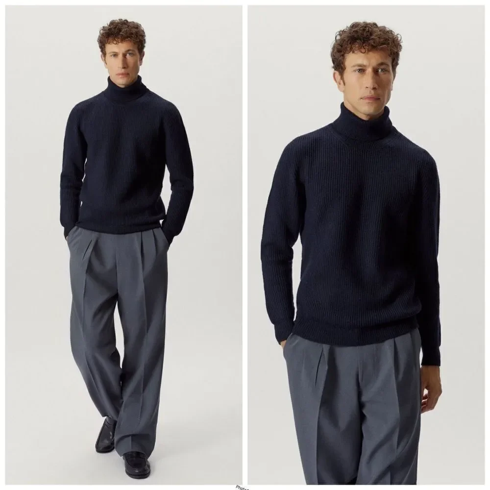 Wilke Rodriguez Vintage Navy Blue Ribbed Merino Wool Turtleneck Sweater